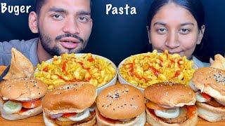 EATING SPICY MACRONI,SAMOSA,VEG ALOO TIKKI BURGER|EATING CHALLENGE|HOMEMADE FOOD MUKBANG