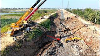 Part1 Unbelievable Very Difficult Getting PULL OUT Of Excavator Failed Sinking Deep Water BY Crane