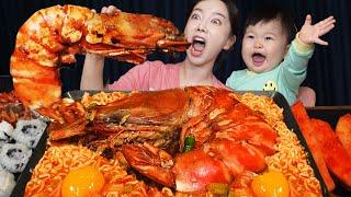 대왕 킹타이거 새우라면 ft.자다 깬 아기손님 Giant King Tiger Shrimp Ramen with webfoot Octopus Mukbang ASMR Ssoyoung