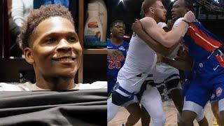 Anthony Edwards reacts to huge fight between Timberwolves and Pistons that had 7 ejected