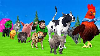 Paint & Animals Duck,Gorilla,Lion,Elephant,Cow,Sheep Fountain Crossing Transformation Animal Cartoon