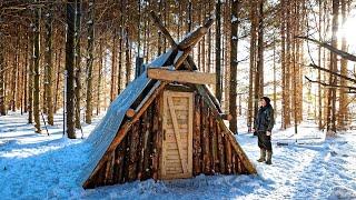 Building a Simple Cozy Off Grid Winter Log Cabin (anyone can do this) - ASMR (Start-to-Finish)