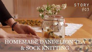 Homemade dandelion tea  & Sock knitting | Story No. 03 | silent vlog asmr quiet vlog