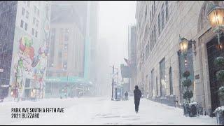 East Coast Blizzard 2021. Snowy Park Ave South, Fifth Ave, New York City.  ASMR