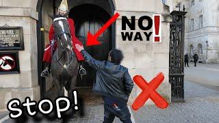 The King's Guard immediately pulled the reins as Rude Disrespectful man tries to touch the horse!