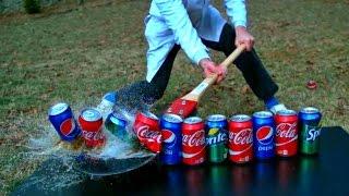Sword Cutting in Half 15 Sodas in Slow Motion - Slow Mo Lab