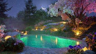 Enchanted pool in the spring forest at night - Crickets, Gentle Water, Light Wind Sounds for Relax