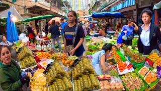 Cambodian Food Market - Walking Tour 4K - Orussey Fresh Market Food in Phnom Penh City