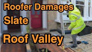 Roofer breaks Valley when doing a repair!. Roof Inspection Findings.