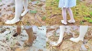 White high heels and white pantyhoes wet and muddy(86)(Full video 39min 41sec)