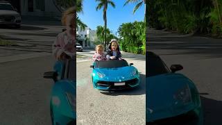 Chris and Alice ride on toy car and learn left and right