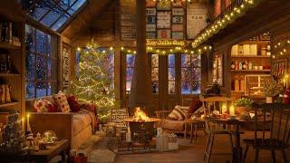 Cozy Christmas Coffee Cabin in Winter Night Ambience with Smooth Jazz Music for Study and Sleep