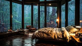 Cure Insomnia with a Rain Intense Thunderstorm, Howling Wind and Thunder on Window in Rainforest