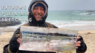 Extreme Plein Air Sketching - mixed media at Godrevy beach, Cornwall in high wind and heavy rain!