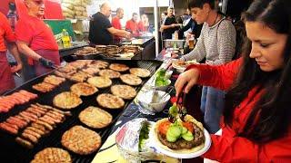 Balkans Street Food. Huge Grills of Burgers and Sausages. Pljeskavica and Cevapcici