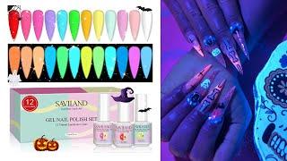 Saviland 12pc Glow in The Dark Gel Polish Set Review I Halloween Glitter Skeleton Bone Acrylic Nails