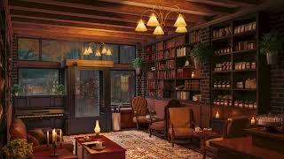 4K Book Coffee Shop with Smooth Piano Jazz Music & Rain Sounds for Relaxing, Studying and Working