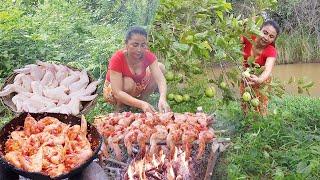 Yummy! Cooking Chicken wing with spicy chili & Pick guava fruit, Eating delicious in forest