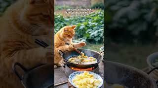 Cat is eating potato, yummy