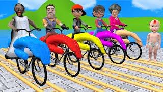 Scary Teacher 3d vs Squid Game Giant Hand Motorbike Climb Wooden Ladder Finish Line 5 Time Challenge