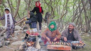 Old Couple Wash the Carpet in Nature and Cooking Kabab with his Grandchildren. Afghan Village life.