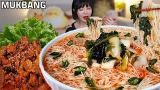 ASMR 얼음동동 매콤새콤 열무국수 제육볶음 입 터지게 쌈싸서 먹방 Cold Young radish kimchi noodles stir-fried spicy pork MUKBANG