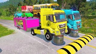 Double Flatbed Trailer Truck vs speed bumps|Busses vs speed bumps|Beamng Drive|958