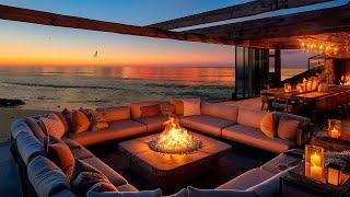 Peaceful Seaside Retreat Night in Elegant Porch Ambience with Fireplace and Relaxing Sea Wave Sounds