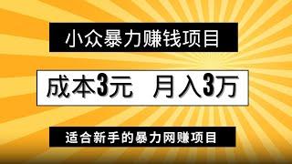 最新暴力网赚项目分享：成本3元月入3万的暴力小众冷门赚钱项目！适合刚进入互联网新手的网赚项目！