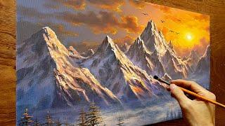 Techniques for drawing mountains - Sunset landscape in the mountains / Acrylic painting / A Lu Art.