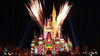 Cinderella Castle Holiday Projections with Fireworks to Signal Transitions - Magic Kingdom 2020