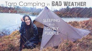 Sleeping in a Puddle! Tarp Camping in Heavy Rain & Strong Wind ️