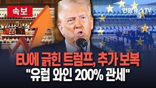 [속보] 트럼프, EU 보복관세 추진에 "유럽 와인 200% 관세"…"난 굽히지 않아"｜유연한 관세정책 추진했던 트럼프, 갑자기 급발진…관세전쟁 보복에 보복에 보복에 보복