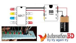 LED chaser  using 555 timer + 4017 IC on breadboard by Automation BD