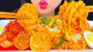 ASMR CHEESY SPICY NOODLES, DUMPLINGS, BOILED EGG & KIMCHI | MUKBANG | EATING SOUNDS | ASMR PHAN