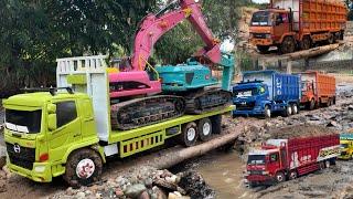 Towing exsavator ke lokasi tambang pasir, semua yunit di kerahkan, rc truk Hino 500, fuso 220ps