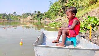 Omg!!Professional little Boy hunting big fish by hook in village river ||fish video