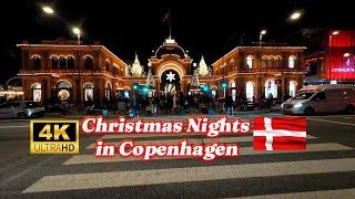 Christmas nights in Copenhagen | Walking Tour | 4K