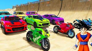 SPIDERMAN CARS UP DOWN Ramp Challenge ! SUPERHERO HULK BIKE Monster Truck MOTOS EPIC Stunts - GTA V