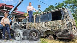The girl repaired and maintained old scrap cars.
