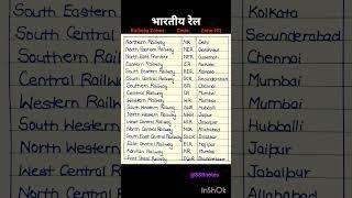 भारत के रेलवे जोन और उसका मुख्यालय | Indian Railway Zones and their Headquarters #gk #indianrailways