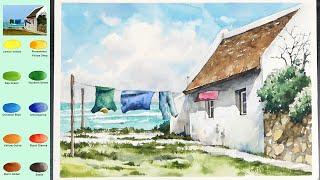 Landscape Watercolor - Beach House (3X speed video, color name view) NAMIL ART