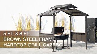 5 x 8ft. Brown 2-Tier Steel Hardtop Grill Gazebo By Sunjoy | with Hook & Shelves Design