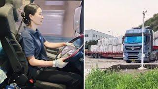 Overnight Freight Journey. Female Trucker Wei Xiaoyang Hauling Heavy Loads.