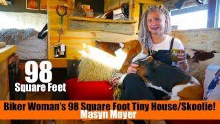 Biker Woman's Skoolie Life in 98 Square Feet! (tiny house bus)