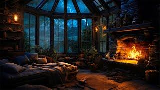 Thunderstorm with Lightnings on Mountain | Warm Fireplace | Cozy Ambience for Sleep, Study, Relax