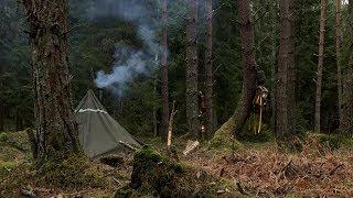 Bushcraft Solo - Rain - Fire Torch - Hot Tent - Wood Stove - Wilderness Painting - Outdoor Cooking