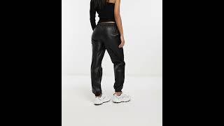 STRADIVARIUS Shiny Faux Leather Joggers Pants Black Women | Asos