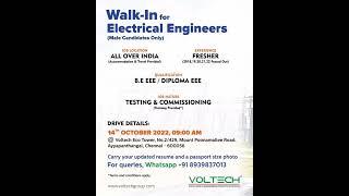  Walk-in Interview for B.E / Diploma Electrical Engineer @Chennai | Freshers job 