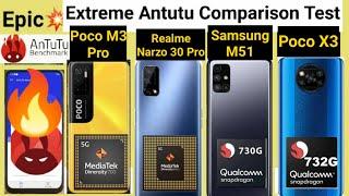 Poco X3 vs Realme Narzo 30 pro vs Poco M3 Pro vs Samsung M51 Antutu Benchmark Comparison 